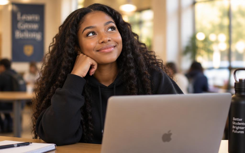 Student thinking about her future while working on a laptop
