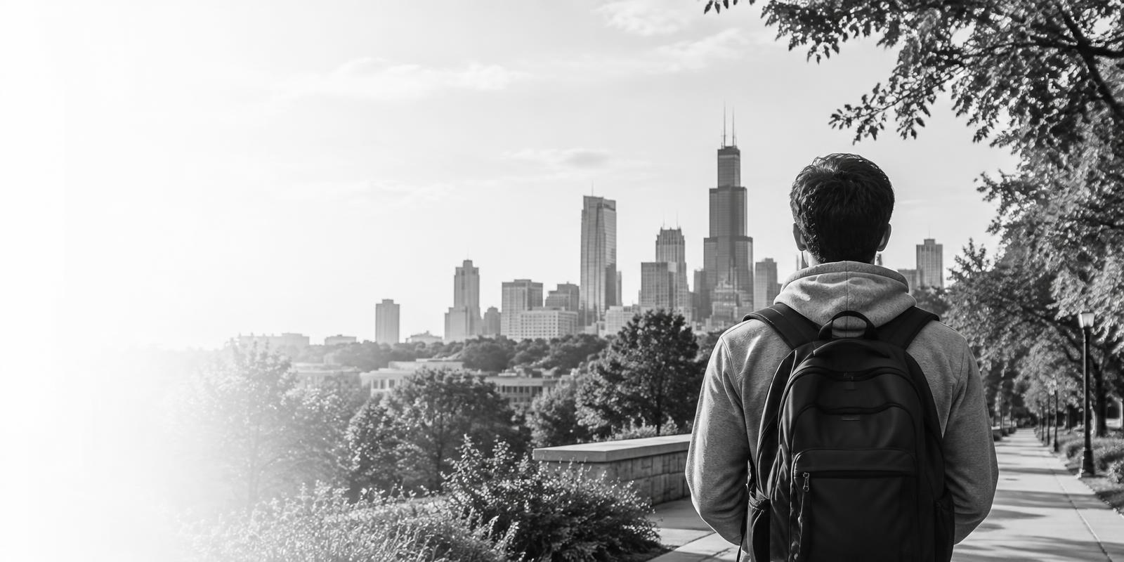 Student facing the city from a tree-lined campus path
